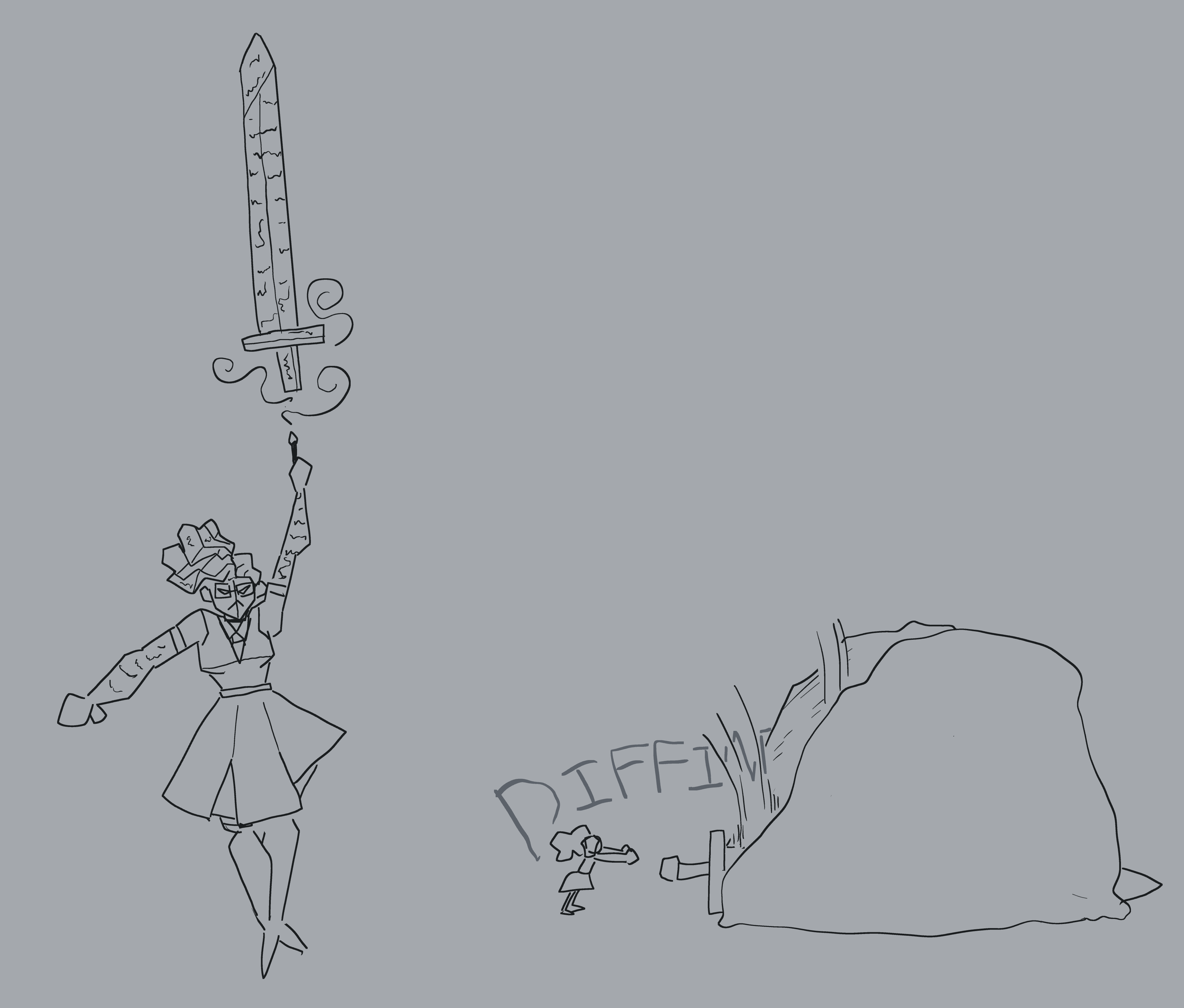 See title, I guess? She's got a big sword made of paper, and she uses it to cut a rock.