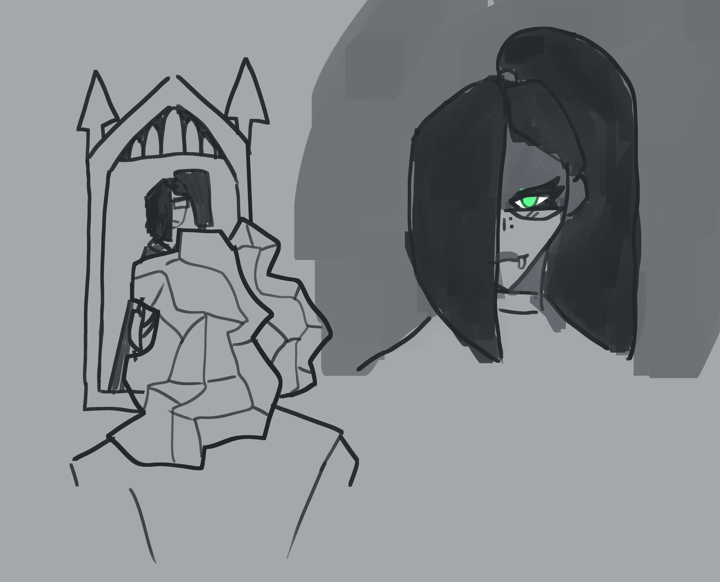 Olympia is looking into the mirror, in which she sees a face reflected. The face is not her own; it belongs to a pseudo-Minagi looking snakewoman, with green eyes and prominent fangs.