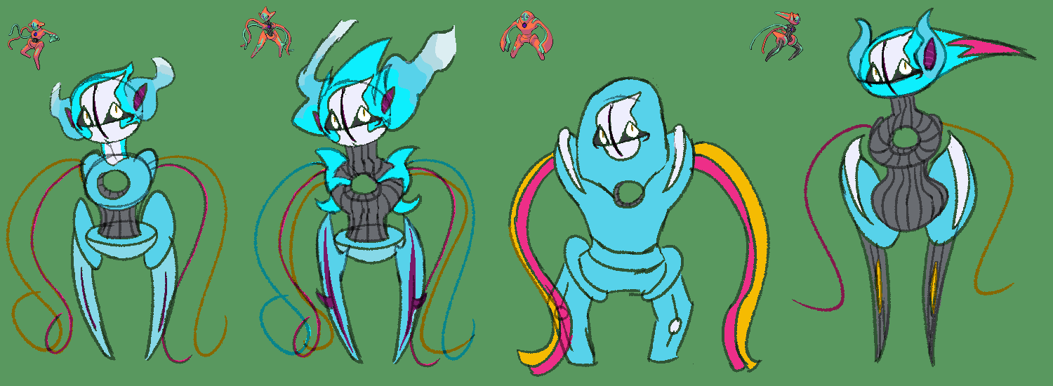Diana's alternate forms. The vast majority are kind of just recolors. Attack forme has an extra pair of tentacles (because I didn't realize it only had two in the first place), a different head shape, and a lot of smoke near the ears. Defense forme is literally just a recolor with some thicker shoulder pads. Speed forme is mostly the same with a sharper head tip and curvier ears. Also a different thigh pattern, because apparently I forgot what it looked like while drawing and misplaced it. Oops.