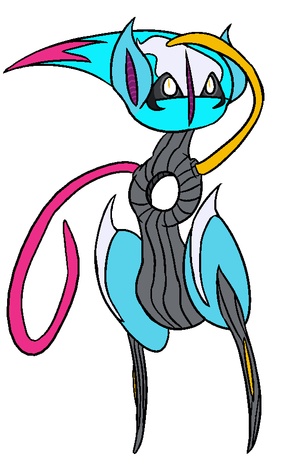 Speed forme. Also mostly just a recolor, but the ears are curved upwards and the head-spike curves downward. It's somewhat reminiscent of a comet trail as opposed to whatever normal Speed Deoxys has going on there.