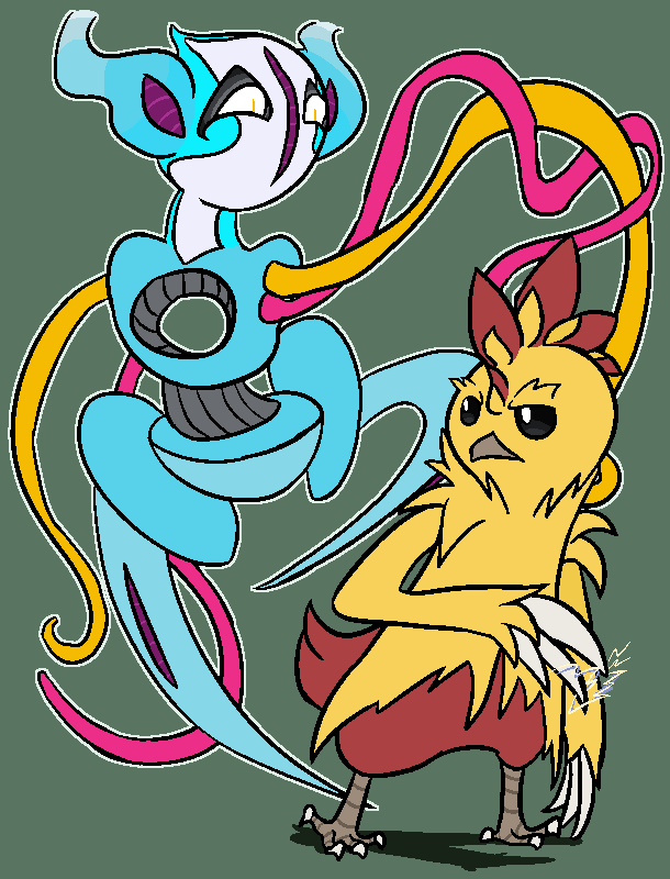 Wow, you're lucky. The colors here would probably sear your eyes. Anyways, it's a picture of a Deoxys (heavily modified, with a teal/pink/yellow color scheme and purple/black highlights, as well as no core in the middle of its chest and wispy "horns") and a shiny Combusken. The Combusken is glowering at his companion while the Deoxys is clearly having the time of its life.