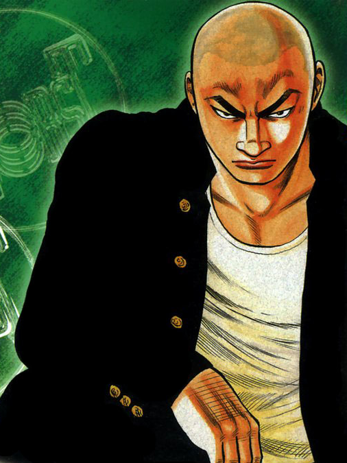 Powerfully built, rough-looking, asian teenage boy with a shaved head.