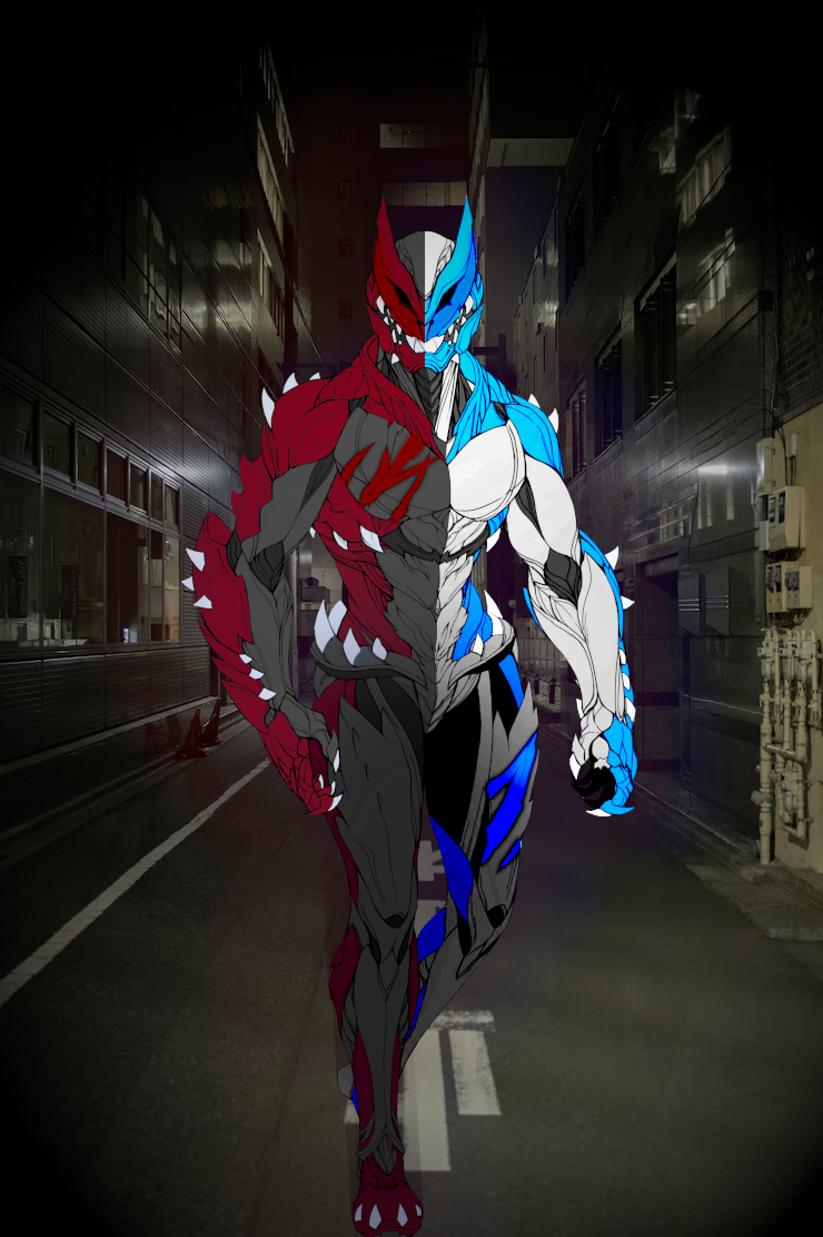 A creature looking like a mutated tokusatsu character, with dinosaur features and bone spurs all-over. Its right side is red and dark gray, while its left side is white and light blue.