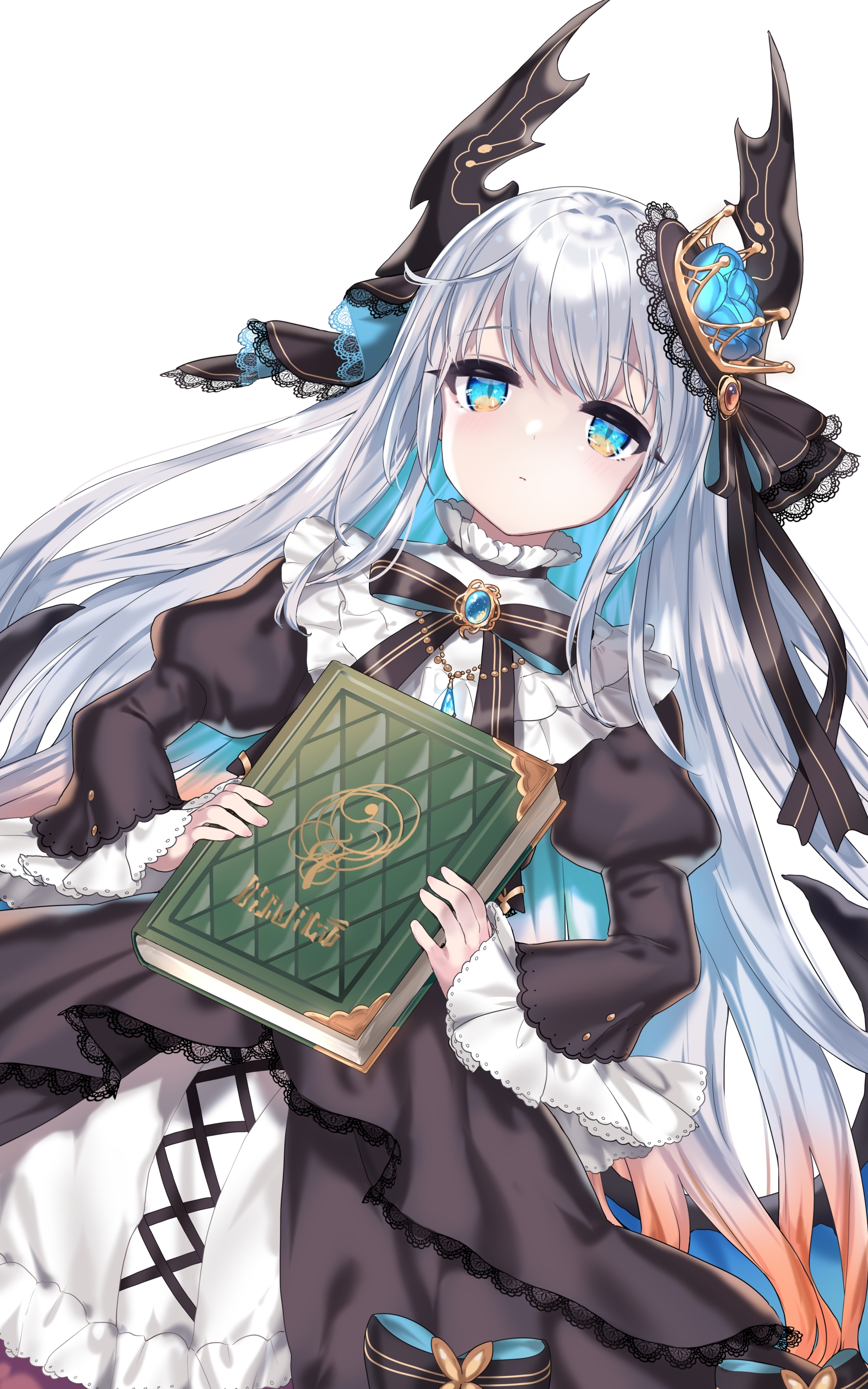 A young girl with white hair and horns wearing a black dress